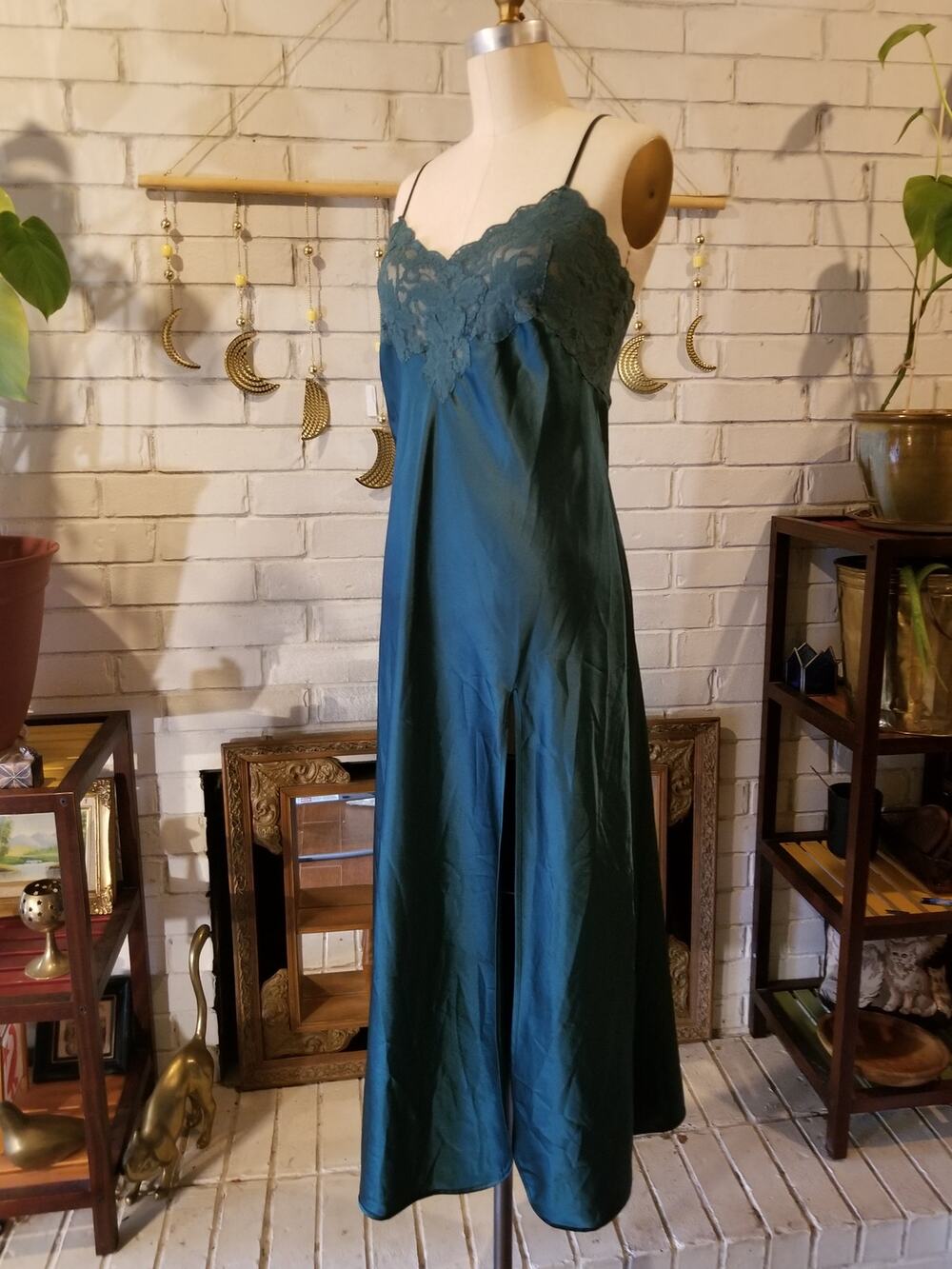 Vintage 90s Victorias Secret Emerald Green Side Slit Lace Maxi Slip Dress M